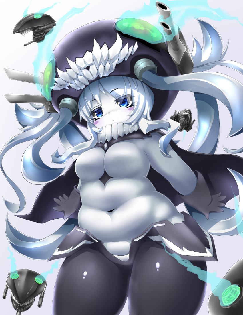 abyssal_ship blue_eyes blush bodysuit breasts colored_skin covered_navel curvy eyelashes fat frown gloves headgear highres kantai_collection kikira_(silenceblack) large_breasts long_hair long_sleeves pale_skin plump robot stomach thick_thighs thighs very_long_hair white_hair white_skin wo-class_aircraft_carrier