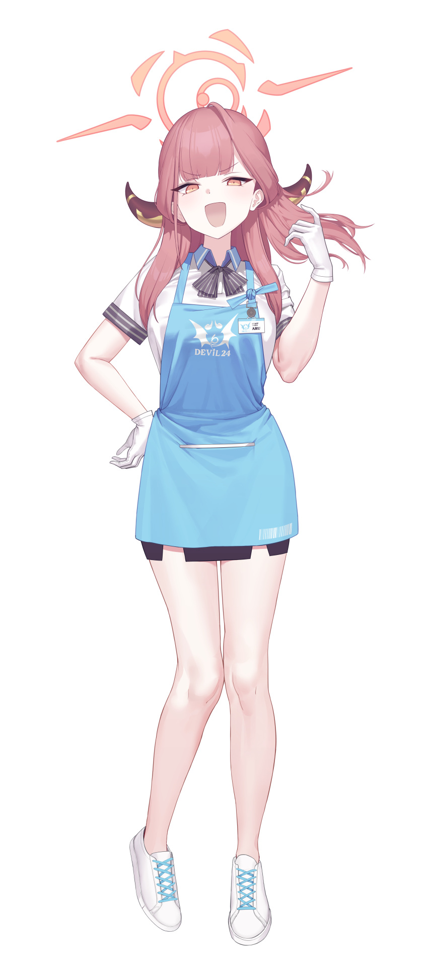 1girl :d absurdres apron aru_(blue_archive) blue_apron blue_archive employee_uniform full_body gloves halo hand_on_own_hip highres horns looking_at_viewer medium_hair orange_halo red_hair shirt shoes short_sleeves smile solo uniform urrrt white_footwear white_gloves white_shirt yellow_eyes