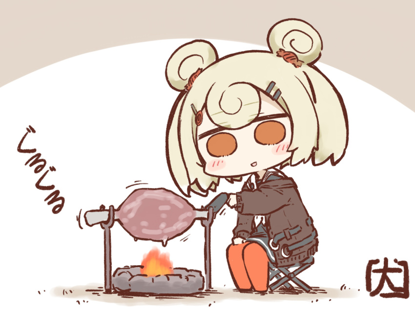 1girl akanotanin13 animal_ears arknights bear_ears blonde_hair boned_meat chair chibi coat fire folding_chair food gummy_(arknights) meat monster_hunter_(series) orange_eyes roasting sitting