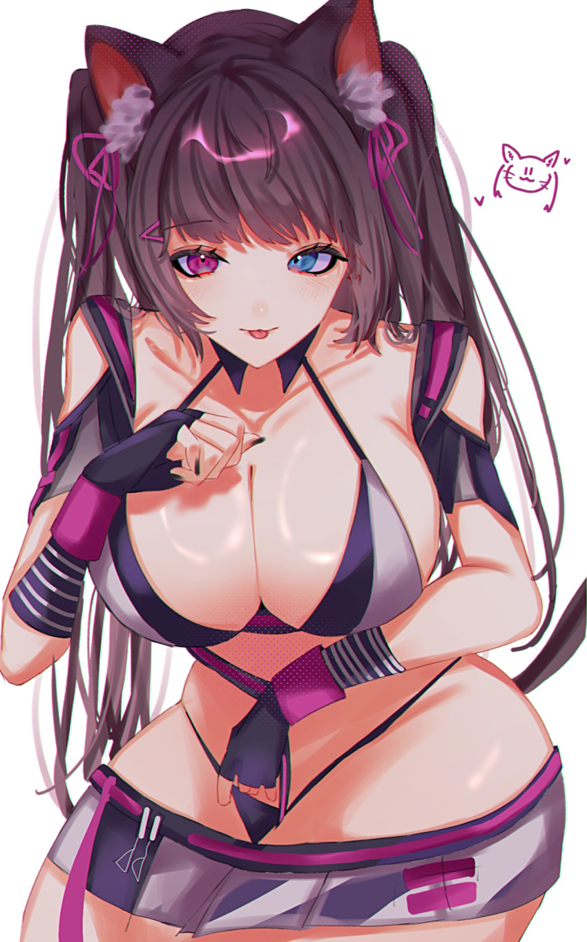 1girl animal_ears bare_shoulders bikini black_bikini black_gloves blue_eyes breasts brown_hair cat_ears cat_girl cat_tail clenched_hands fingerless_gloves gloves goddess_of_victory:_nikke hair_ornament hair_ribbon hat_iue heterochromia highres large_breasts light_blush long_hair lying nero_(nikke) on_side pink_eyes ribbon skirt string_bikini swimsuit tail thighhighs tongue tongue_out twintails