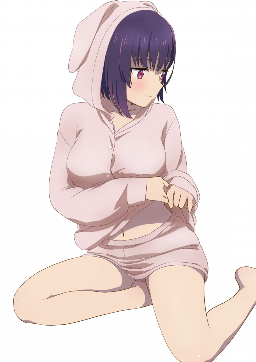 1girl animal_ear_hood barefoot highres hood hood_up hoodie komatsu_(sakanae) looking_to_the_side mikazuki_shizuka navel pajamas purple_eyes purple_hair short_hair short_sleeves simple_background solo white_background zom_100:_zombie_ni_naru_made_ni_shitai_100_no_koto