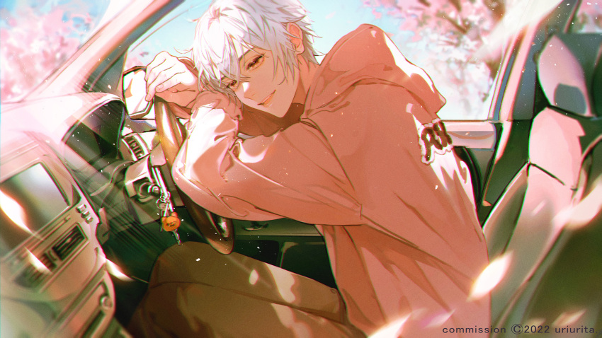 1boy akatuki_ragu brown_pants car car_interior cherry_blossoms commission highres hood hood_down hoodie indie_virtual_youtuber long_sleeves looking_at_viewer male_focus motor_vehicle open_mouth pants pink_hoodie ponponpananda short_hair sitting smile solo steering_wheel teeth virtual_youtuber white_hair