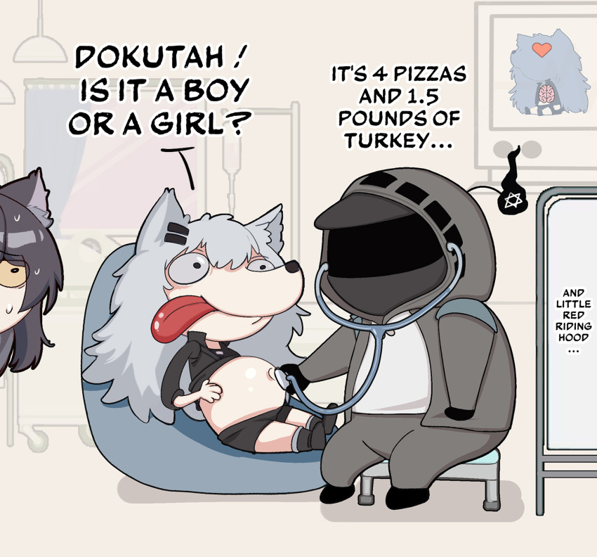 1other 2girls ambiguous_gender animal_ears arknights black_coat black_hair coat commentary doctor english_commentary grey_hair highres hooded_coat kinohara_kossuta lappland_(arknights) long_hair multiple_girls navel stethoscope texas_(arknights) tongue tongue_out wolf_ears yellow_eyes
