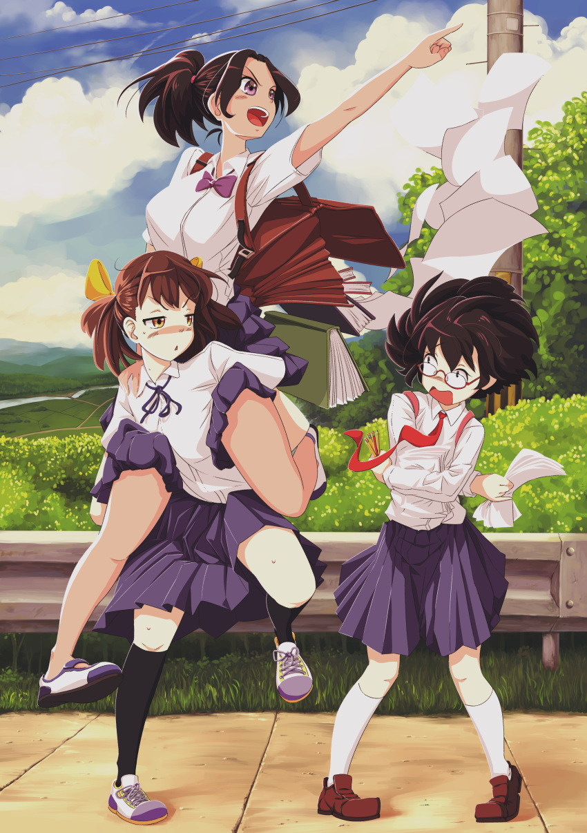 3girls :d absurdres backpack bag black_hair black_socks blue_ribbon blue_skirt blue_sky book bow bowtie breasts brown_footwear brown_hair bush carrying character_request cloud copyright_request dress_shirt dropping flying_paper full_body guard_rail highres holding holding_paper holding_pencil jitome large_breasts loafers long_sleeves looking_at_another looking_to_the_side medium_hair mountainous_horizon multiple_girls neck_ribbon necktie outdoors outstretched_arm paper pencil piggyback pleated_skirt pointing pointing_up purple_bow purple_bowtie purple_eyes red-framed_eyewear red_necktie ribbon river semi-rimless_eyewear shirt shoes short-sleeved_sweater short_sleeves shoulder_bag sidewalk skirt sky smile sneakers socks standing standing_on_one_leg sweater teeth thighs triangle_mouth under-rim_eyewear upper_teeth_only utility_pole v-shaped_eyebrows vinegarjar white_footwear white_shirt white_socks wing_collar yellow_eyes