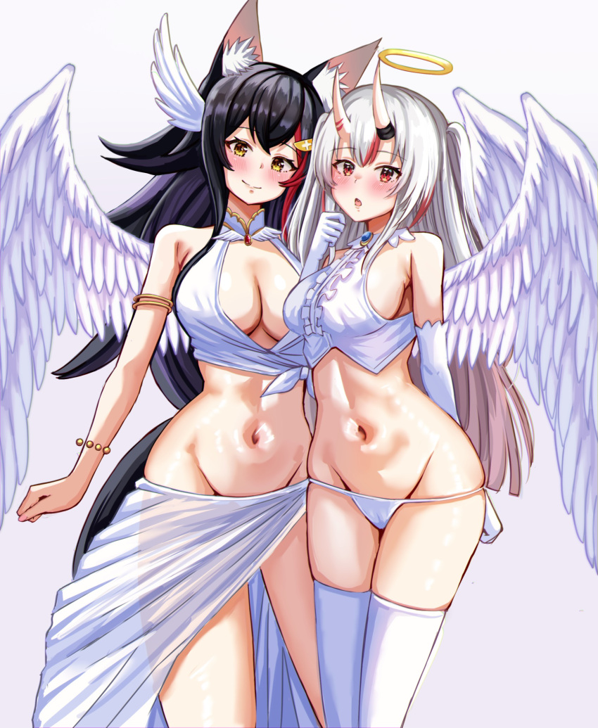 2girls animal_ears arm_behind_back armlet bare_shoulders black_hair blush bracelet breasts cleavage closed_mouth crop_top elbow_gloves fang feathered_wings gloves gradient_hair grey_background grey_hair groin hair_ornament hairclip halo highres hololive horns jewelry large_breasts long_hair looking_at_viewer multicolored_hair multiple_girls nakiri_ayame navel nootomo oni_horns ookami_mio open_mouth panties red_eyes sarong see-through simple_background skin-covered_horns sleeveless smile stomach streaked_hair tail thighhighs two-tone_hair underwear very_long_hair virtual_youtuber white_gloves white_panties white_thighhighs white_wings wings wolf_ears wolf_girl wolf_tail yellow_eyes