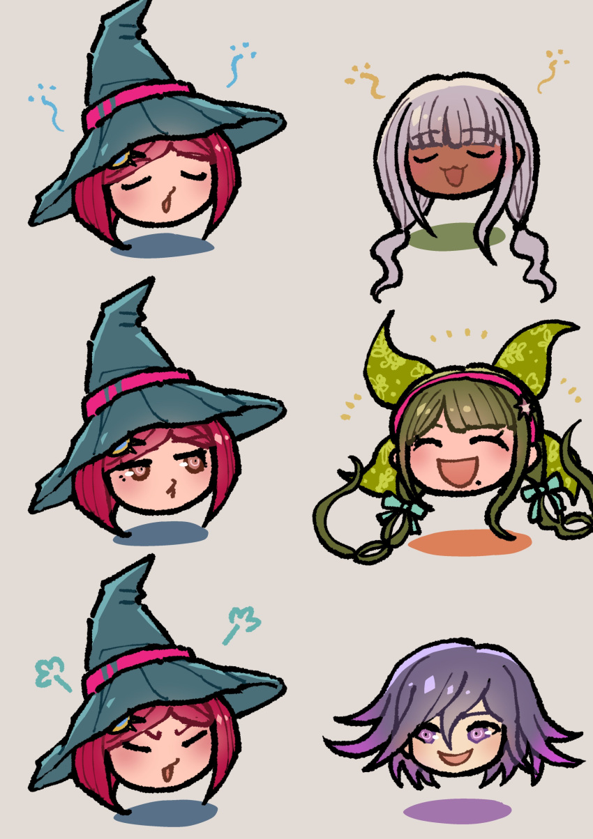 1boy 3girls :d :o =3 absurdres angry blush chabashira_tenko chibi danganronpa_(series) danganronpa_v3:_killing_harmony dark-skinned_female dark_skin gem_hair_ornament green_hair green_headwear grey_ribbon hair_ornament hair_ribbon hat head_only highres long_hair mole mole_under_mouth multiple_girls notice_lines oma_kokichi open_mouth pink_eyes red_hair ribbon short_hair smile white_ribbon witch_hat yonaga_angie youko-shima yumeno_himiko