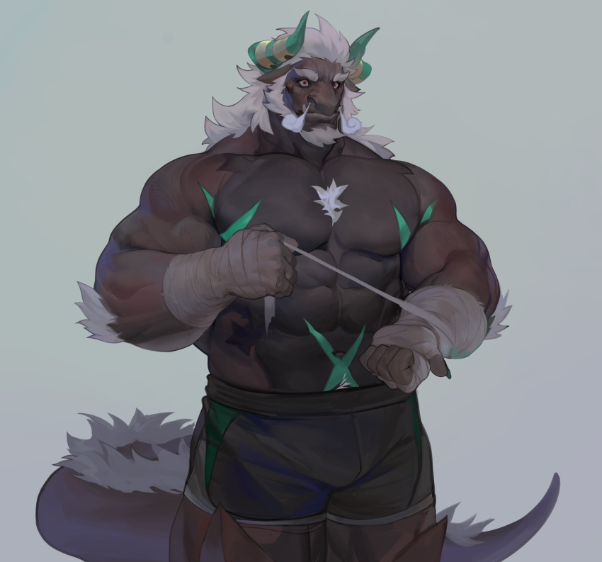 2022 abs anthro arm_tuft beard biceps black_bottomwear black_clothing black_shorts bottomwear brown_body brown_scales chest_tuft claws clothed clothing deltoids dragon driedwarek elbow_tuft facial_hair finger_claws flexor_carpi green_horn green_stripes grey_background hair hi_res horn horn_jewelry horn_ring jewelry male muscular muscular_anthro muscular_male red_eyes ring_(jewelry) scales scalie shorts simple_background singed_(ffizzy_) smoke_from_nose solo stripes tail_mane topless tuft white_hair wraps wrist_wraps