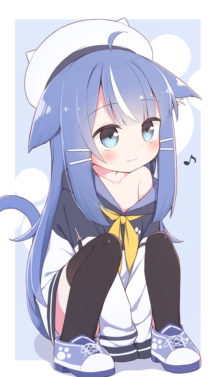 1girl ahoge animal_ear_fluff animal_ears animal_hat ayanepuna beret between_legs black_thighhighs blue_background blue_eyes blue_footwear blue_hair blush cat_ears cat_girl cat_tail closed_mouth collarbone commentary_request eighth_note fake_animal_ears hair_ornament hairclip hand_between_legs hat highres hood hood_down hoodie long_hair long_sleeves multicolored_hair musical_note neckerchief off_shoulder original shoes sleeves_past_fingers sleeves_past_wrists smile solo squatting streaked_hair tail thighhighs two-tone_background very_long_hair white_background white_hair white_headwear white_hoodie yellow_neckerchief
