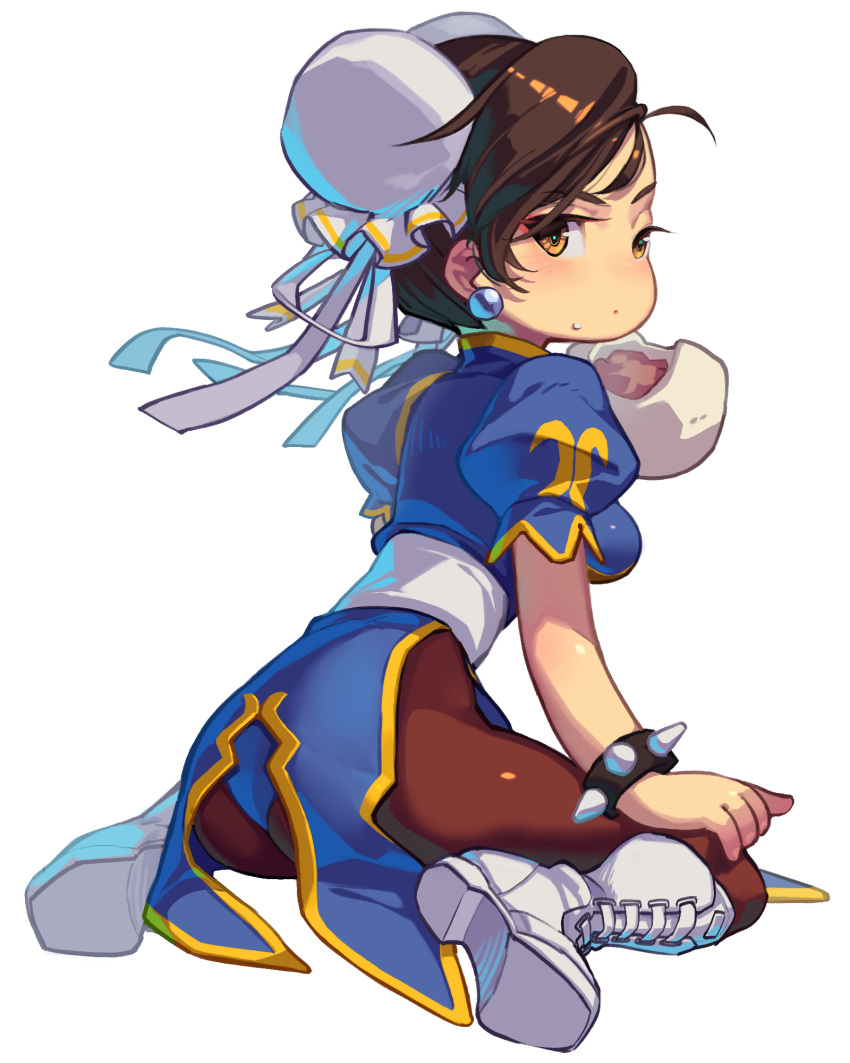 1girl baozi blush boots bracelet breasts brown_eyes brown_hair brown_pantyhose bun_cover china_dress chinese_clothes chun-li closed_mouth cross-laced_footwear double_bun dress earrings food food_on_face full_body hair_bun highres holding holding_food jewelry knee_boots large_breasts looking_at_viewer pantyhose pearl_earrings puffy_short_sleeves puffy_sleeves ribbon sash short_sleeves sitting solo spiked_bracelet spikes splish street_fighter street_fighter_ii_(series) swept_bangs wariza white_background white_footwear white_ribbon