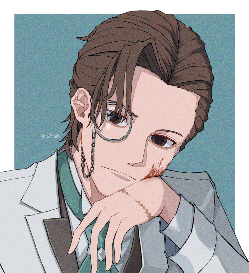 1058hoshi 1boy absurdres ascot blood blood_on_face blood_splatter blue_background border brown_eyes brown_hair closed_mouth frown green_ascot hair_slicked_back highres identity_v jacket long_sleeves male_focus monocle orpheus_(identity_v) scar scar_on_hand short_hair solo twitter_username upper_body white_border white_jacket