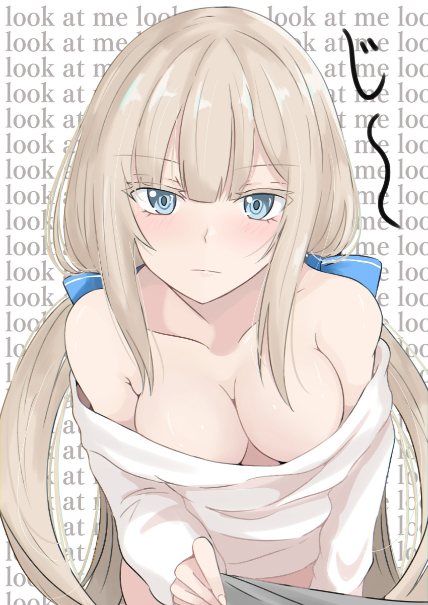 1girl blue_bow blue_eyes blunt_bangs bow breasts cleavage collarbone commentary_request downblouse hair_bow highres kantai_collection ken_(shutenndouji1) large_breasts long_hair looking_at_viewer low_twintails maryland_(kancolle) off-shoulder_sweater off_shoulder solo sweater twintails upper_body wall_of_text white_sweater