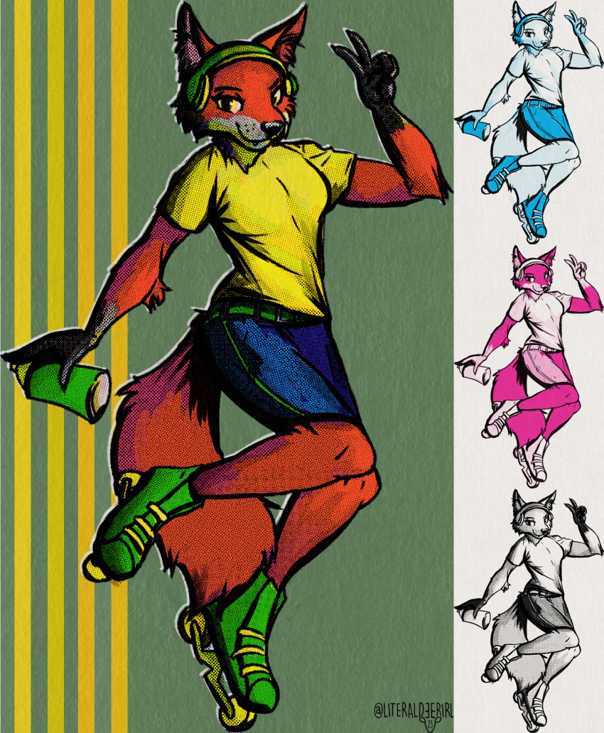 2023 anthro belt black_nose blue_bottomwear blue_clothing blue_shorts bottomwear breasts canid canine clothed clothing digital_drawing_(artwork) digital_media_(artwork) eyebrows fangs female fox full-length_portrait fur gesture green_background green_belt grey_body grey_fur headphones hi_res inline_skates literaldeerirl looking_at_viewer mammal multiple_images plantigrade portrait red_body red_fox red_fur roller_skates screentone shaded shirt shorts simple_background smile solo spray_can t-shirt tail teeth topwear v_sign yellow_clothing yellow_eyes yellow_shirt yellow_topwear