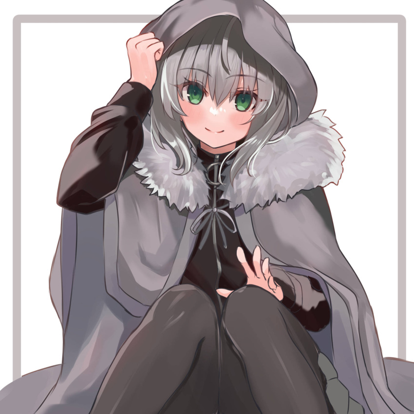 1girl aqua_eyes black_cloak black_dress breasts cloak dress fate_(series) fur-trimmed_cloak fur_trim gray_(fate) grey_hair highres hood hooded_cloak knees_up long_hair long_sleeves looking_at_viewer lord_el-melloi_ii_case_files medium_breasts neko_daruma sidelocks sitting smile solo thighs