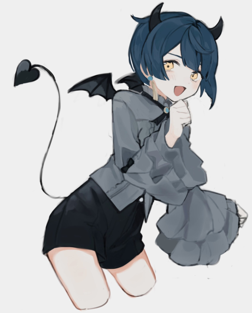 1boy androgynous black_necktie black_shorts blue_hair demon_boy demon_horns demon_tail demon_wings genshin_impact grey_background grey_shirt highres hnnoo horns long_sleeves looking_at_viewer male_focus necktie open_mouth shirt short_hair shorts smile solo tail wings xingqiu_(genshin_impact) yellow_eyes