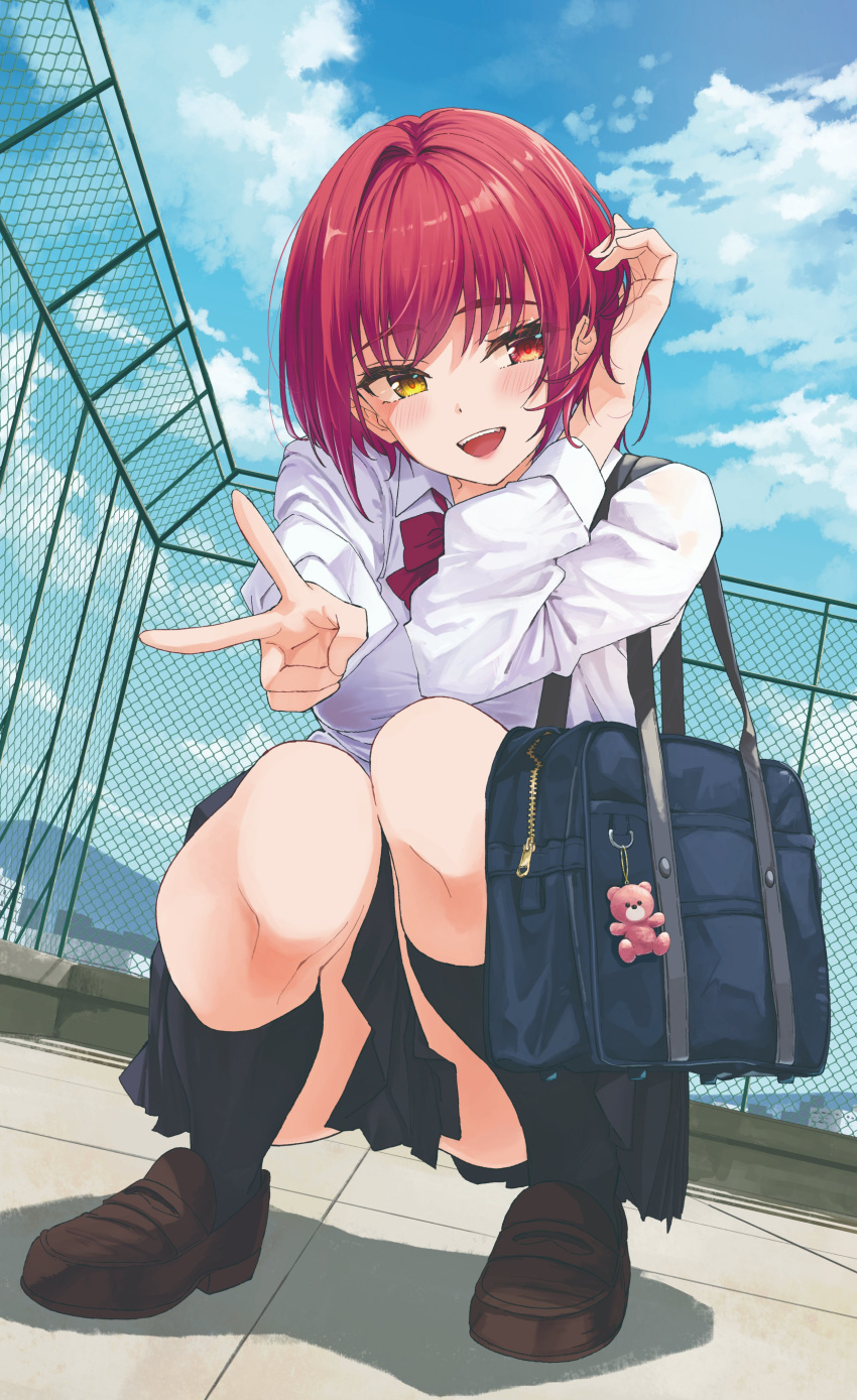 1girl absurdres anno_masato black_socks heterochromia highres hololive houshou_marine red_hair school_uniform shirt short_hair smile socks solo squatting v white_shirt