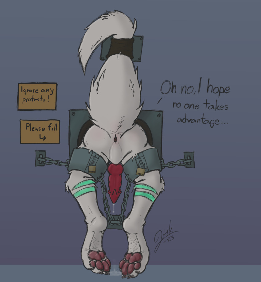 absurd_res anthro anus bodily_fluids chain dragon free_use fur furred_dragon genital_fluids genitals helpless hi_res hole_in_wall knot link_(linktoreality) linktoreality male pawpads paws penis precum raised_tail restrained restraints simple_background solo tail