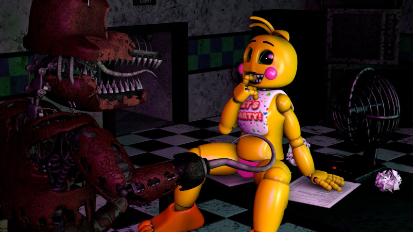 2023 3d_(artwork) animatronic avian bird canid canine checkered_floor chicken digital_media_(artwork) duo female finger_in_mouth fingers five_nights_at_freddy's five_nights_at_freddy's_2 five_nights_at_freddy's_4 fox foxofnightmares furniture galliform gallus_(genus) genitals hi_res hook_hand humanoid hypersstash6000 machine male male/female mammal metal_tongue nightmare_foxy_(fnaf) on_table penis phasianid pirate plastic pose red_body robot scottgames security table teeth tongue tongue_out toy_chica_(fnaf) white_eyes yellow_body