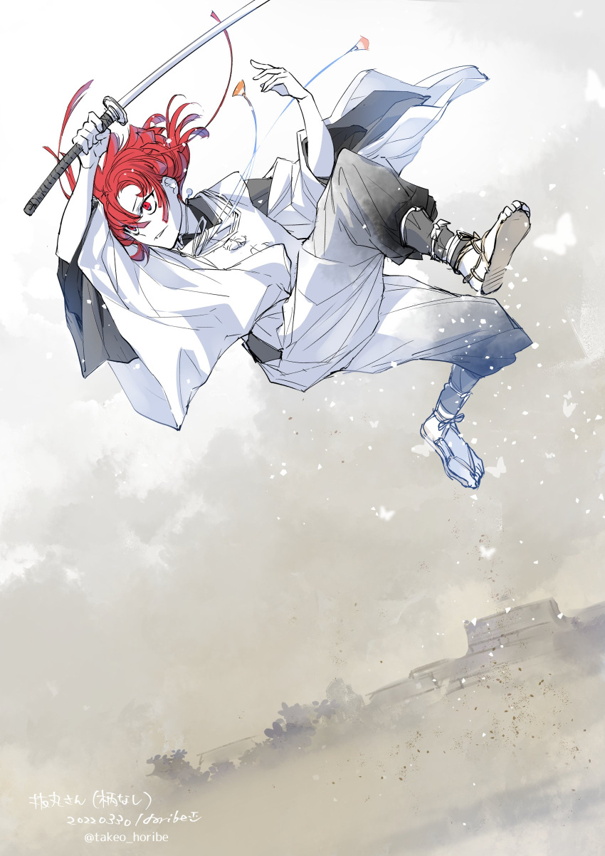 1boy absurdres bug butterfly dutch_angle floating_hair foot_up full_body gradient_clothes grey_kimono hair_between_eyes hair_floating_upwards hands_up highres japanese_clothes jumping kariginu kimono layered_clothes long_sleeves looking_to_the_side male_focus nukemaru_(touken_ranbu) outstretched_arms pants pants_tucked_in parted_lips puffy_pants red_eyes red_hair robe shin_guards shoe_soles short_hair_with_long_locks solo string takeo_horibe touken_ranbu twitter_username waraji white_background white_pants white_robe