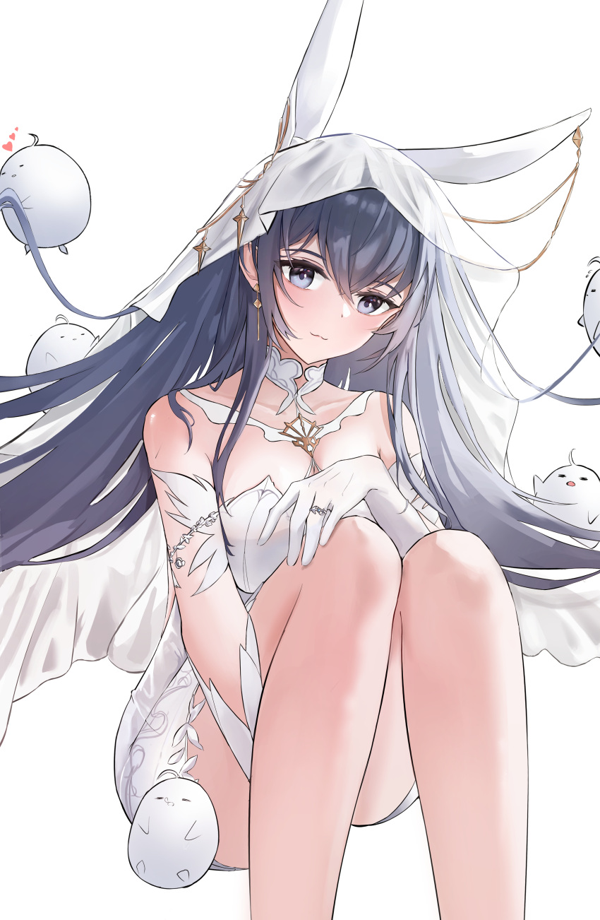 :3 absurdly_long_hair absurdres animal_ears asymmetrical_gloves azur_lane blue_eyes blue_hair bridal_veil dress earrings elbow_gloves fake_animal_ears feet_out_of_frame gloves highres jewelry long_hair loo manjuu_(azur_lane) new_jersey_(azur_lane) new_jersey_(snow-white_ceremony)_(azur_lane) official_alternate_costume royaldor456 simple_background veil very_long_hair wedding_dress white_background white_gloves