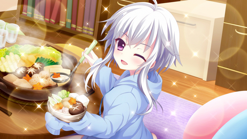 1girl ahoge blue_hoodie book bookshelf bowl chopsticks cup dot_nose film_grain food game_cg grey_hair holding holding_bowl holding_ladle hood hoodie ichijou_ruka indoors izumi_tsubasu ladle lens_flare long_sleeves looking_at_viewer non-web_source official_art on_floor one_eye_closed open_mouth purple_eyes re:stage! round_table rug short_hair_with_long_locks smile solo sparkle sukiyaki table wooden_floor wooden_table