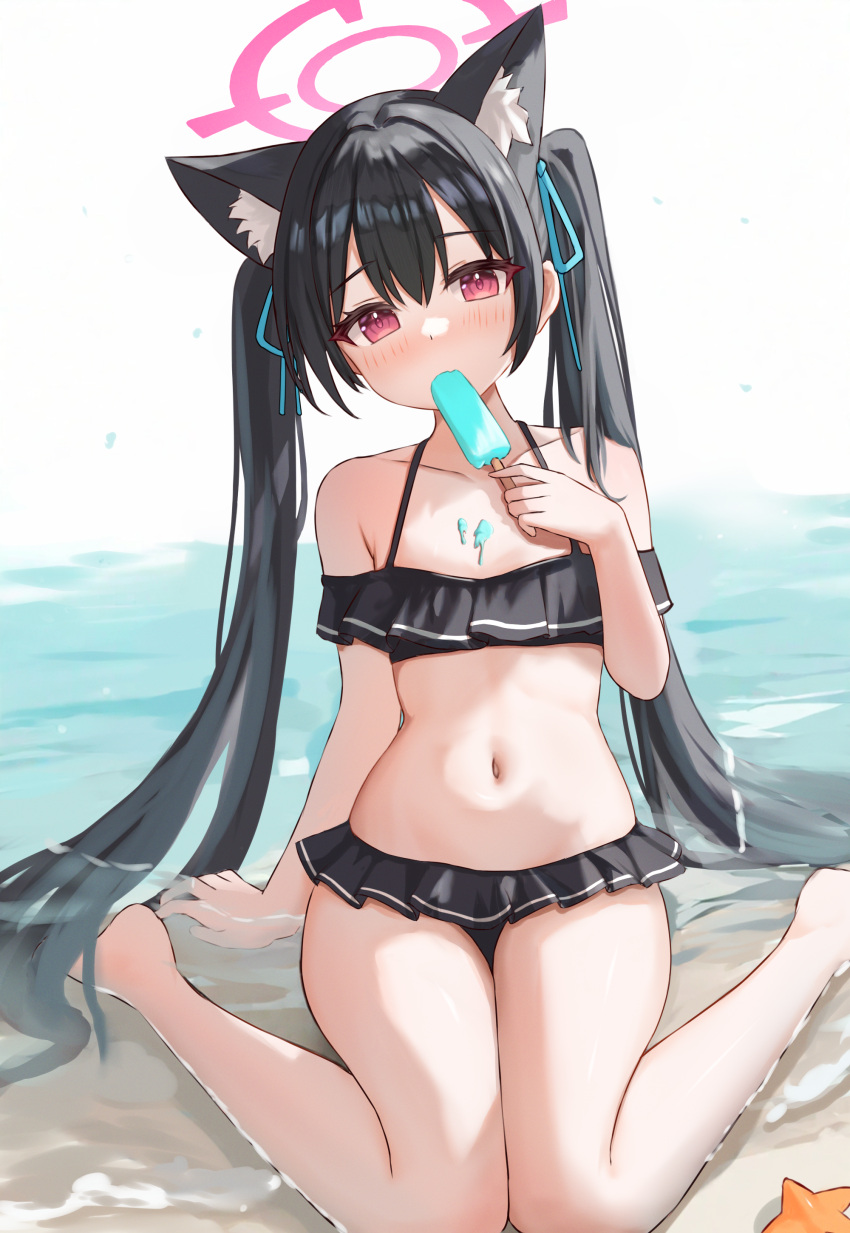 1girl absurdres animal animal_ears bare_arms bare_legs bare_shoulders barefoot beach bikini black_bikini black_hair blue_archive blush cat_ears collarbone fanteam flat_chest food frilled_bikini frills hair_between_eyes halo highres holding holding_food long_hair looking_at_viewer navel ocean official_alternate_costume pink_halo popsicle red_eyes serika_(blue_archive) serika_(swimsuit)_(blue_archive) shore sitting solo starfish swimsuit twintails wariza