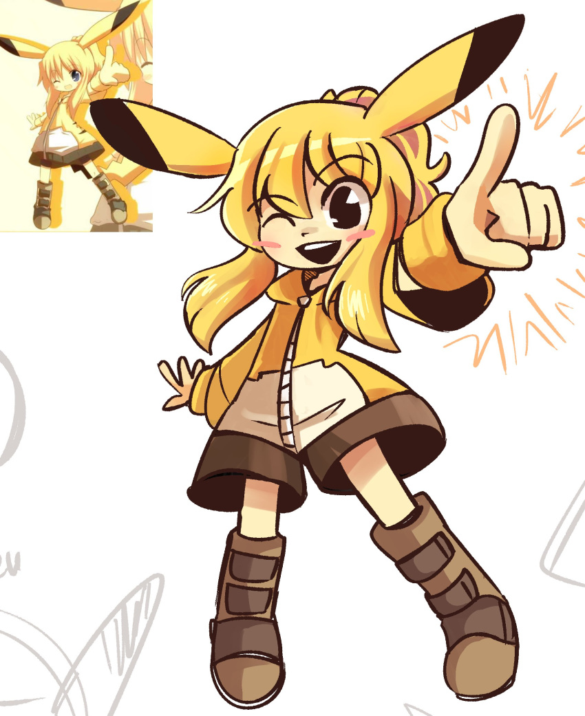 1girl :d ^^^ absurdres black_eyes blonde_hair blush_stickers boots brown_footwear character_hood commentary english_commentary foreshortening full_body highres hood hoodie looking_at_viewer one_eye_closed peargor personification pikachu pikachu_ears pointing pointing_at_viewer pokemon pokemon_ears reference_inset satsuki_mei_(sakuramochi) sidelocks simple_background sketch smile standing white_background yellow_hoodie