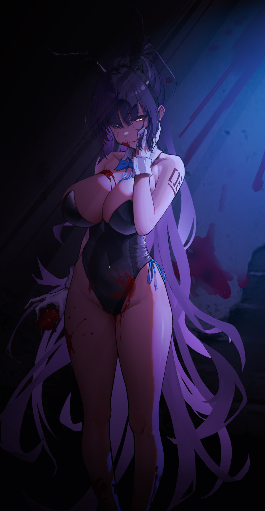 1girl absurdres animal_ears bare_arms bare_shoulders black_hair black_leotard blood blood_on_breasts blood_on_clothes blood_on_face blood_on_gloves blood_stain blue_archive blue_bow blue_bowtie bow bowtie breasts chinese_commentary colored_inner_hair commentary_request detached_collar fake_animal_ears feet_out_of_frame gloves glowing glowing_eyes gradient_hair groin guro hair_intakes halo hand_on_own_cheek hand_on_own_face heart_(organ) highleg highleg_leotard highres karin_(blue_archive) karin_(bunny)_(blue_archive) large_breasts leotard long_hair looking_at_viewer mixed-language_commentary multicolored_hair number_tattoo official_alternate_costume official_alternate_hairstyle playboy_bunny ponytail purple_hair purple_halo rabbit_ears sesefadou_0v0 shoulder_tattoo solo strapless strapless_leotard tattoo traditional_bowtie two_side_up very_long_hair white_gloves wing_collar wrist_cuffs