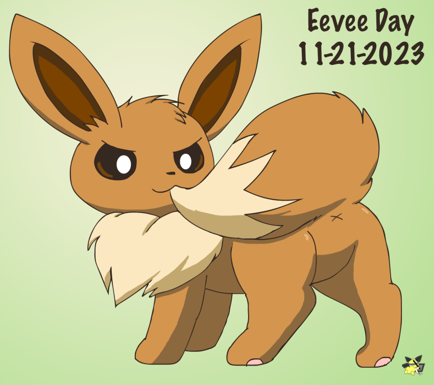 2023 ambiguous_gender anus artist_logo bite biting_own_tail brown_body brown_fur butt dated eevee eevee_day feral fur generation_1_pokemon green_background hi_res logo looking_at_viewer looking_back looking_back_at_viewer multicolored_body multicolored_fur nintendo pichu90 pokemon pokemon_(species) presenting presenting_anus presenting_hindquarters simple_background solo tail tail_bite tail_in_mouth two_tone_body two_tone_fur x_anus