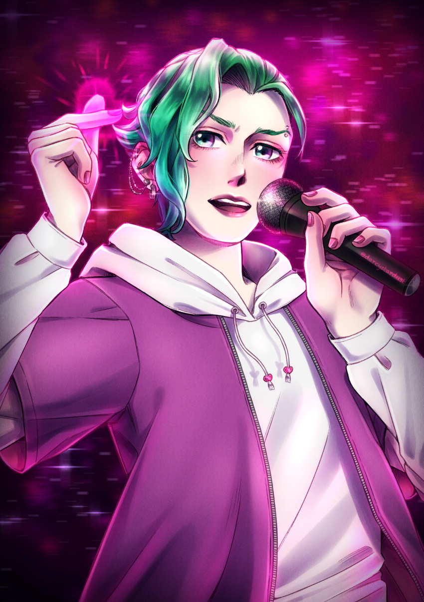 1boy absurdres carole_&amp;_tuesday darcystardust ear_piercing green_hair highres holding holding_microphone hood hood_down hoodie jacket long_sleeves looking_at_viewer microphone music piercing purple_jacket pyotr_(carole_&amp;_tuesday) red_nails singing snapping_fingers solo upper_body white_hoodie