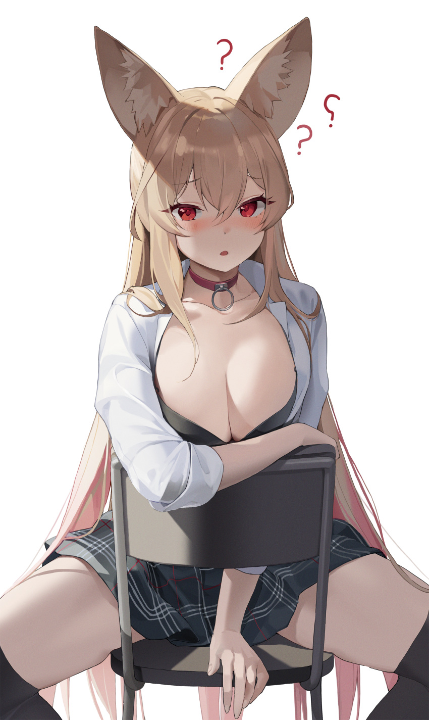1girl ? absurdres animal_ears between_legs black_bra black_skirt black_thighhighs bra breasts brown_hair chair choker choyeon cleavage collarbone commission dress_shirt dungeon_and_fighter ellin_meiji fox_ears fox_girl frown highres large_breasts long_hair long_sleeves looking_at_viewer miniskirt open_clothes open_shirt original plaid plaid_skirt red_choker red_eyes revision school_uniform second-party_source shirt simple_background sitting sitting_backwards skirt solo thighhighs thighs underwear very_long_hair white_background white_shirt