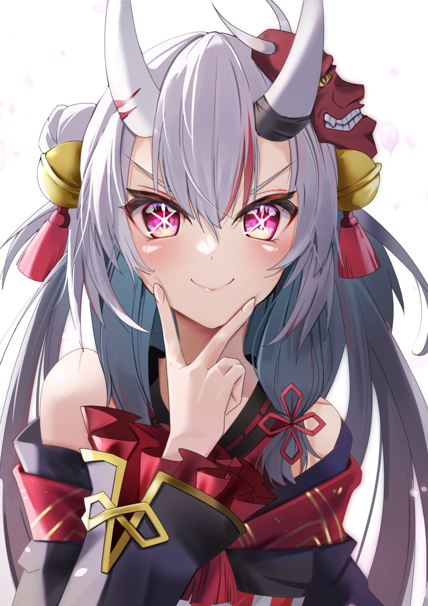 1girl absurdres bare_shoulders bell closed_mouth grey_hair hair_bell hair_between_eyes hair_ornament highres hololive horns japanese_clothes kimono long_hair long_sleeves looking_at_viewer mask mask_on_head multicolored_hair nakiri_ayame nakiri_ayame_(1st_costume) natsuki_(muravito) oni_horns oni_mask oshi_no_ko petals pink_eyes red_hair smile solo star-shaped_pupils star_(symbol) streaked_hair symbol-shaped_pupils upper_body v-shaped_eyebrows v_over_mouth virtual_youtuber white_background wide_sleeves