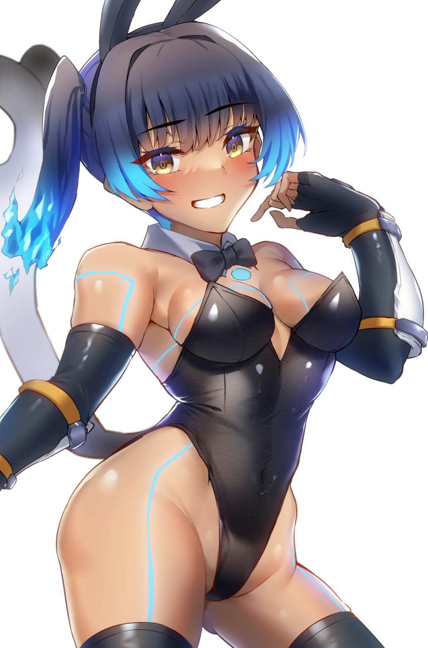 1girl black_leotard blue_hair bow bowtie breasts brown_eyes covered_navel detached_collar elbow_gloves fiery_hair fingerless_gloves gloves highres leotard medium_breasts playboy_bunny sena_(xenoblade) side_ponytail siebolds_demon smile thighhighs white_background xenoblade_chronicles_(series) xenoblade_chronicles_3