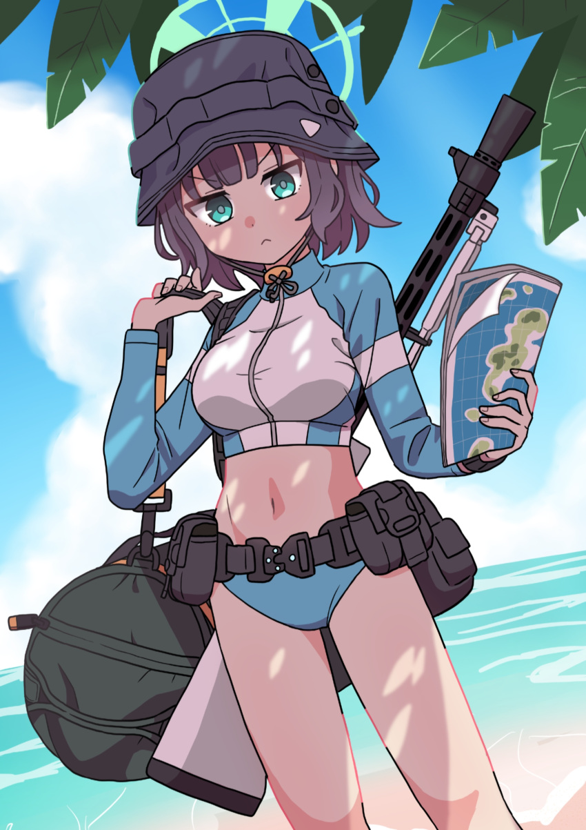 1girl absurdres bag beach belt belt_pouch bikini bikini_bottom_only black_hair blue_archive blue_sky blurry cloud cloudy_sky commentary_request crop_top cropped_jacket depth_of_field green_eyes hair_between_eyes halo hat highres holding holding_map horizon lahti-saloranta_m/26 long_sleeves looking_at_viewer map medium_hair navel ocean official_alternate_costume outdoors pouch saki_(swimsuit)_(blue_archive) short_hair shoulder_bag sky solo stomach swimsuit v-shaped_eyebrows washin weapon weapon_on_back