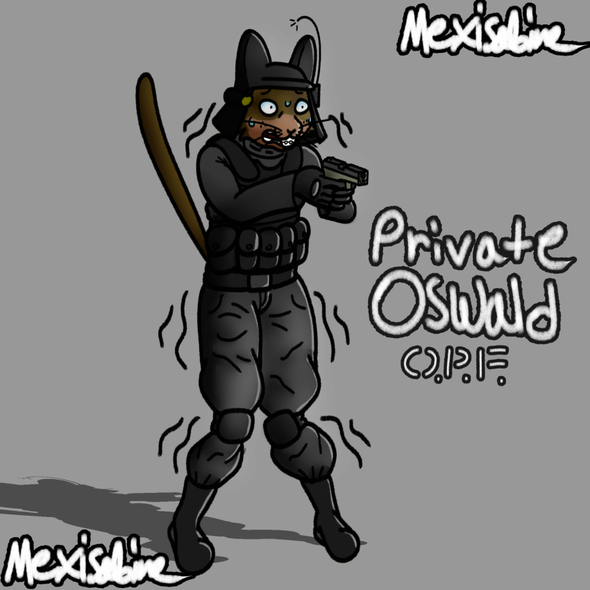 absurd_res anthro armor boots braces buckteeth bulletproof_vest clothing combat_boots domestic_cat felid feline felis footwear glock gun handgun headgear helmet hi_res knee_pads knock-kneed male mammal mexisabine nervous nervous_sweat pistol private_oswald_(mexisabine) raised_tail ranged_weapon shaking shivering slim solo tactical_gear tail teeth weapon