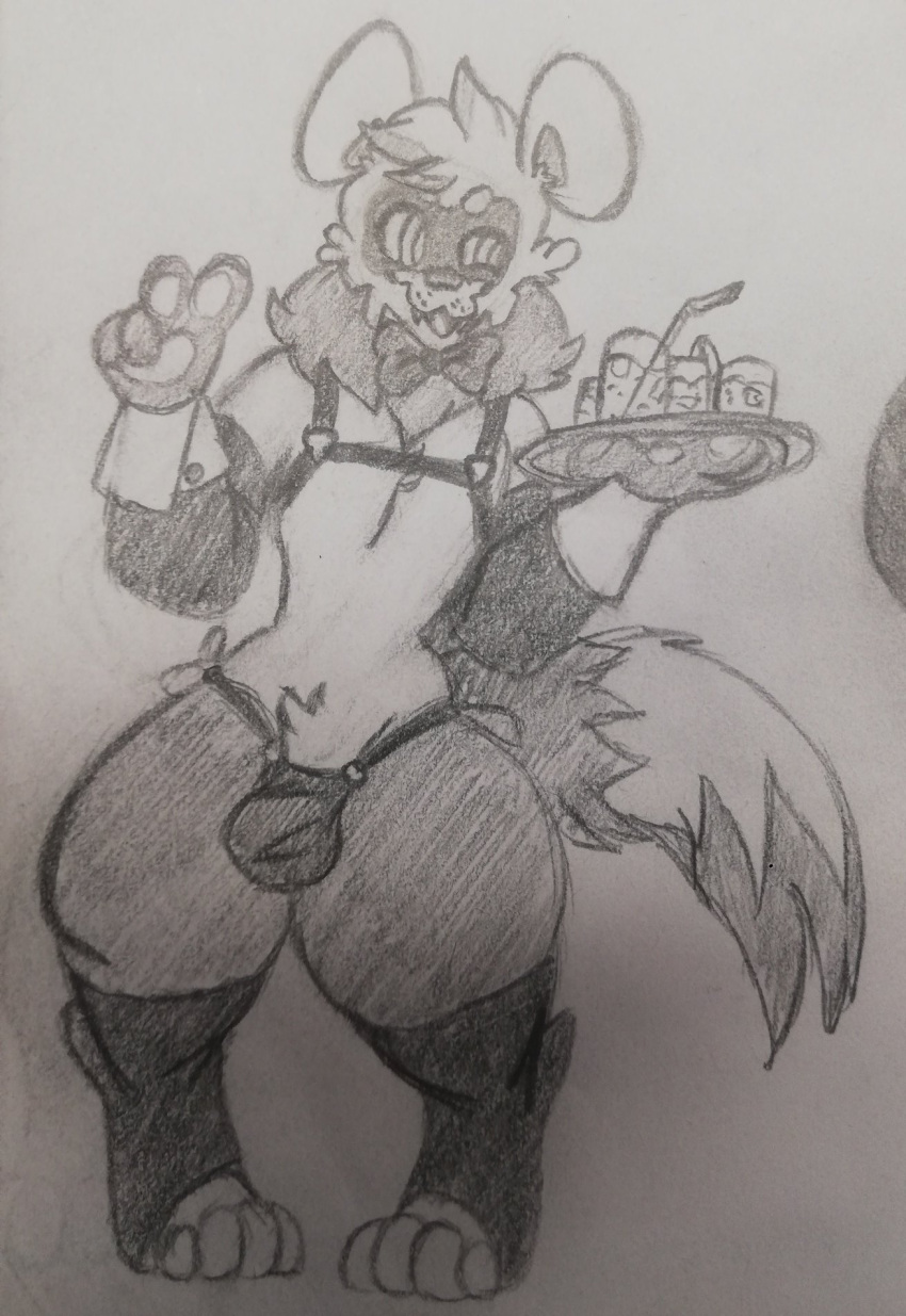 anthro beverage bow_tie bulge chest_harness clothing domestic_ferret doomdraws1 gesture harness hi_res holding_object holding_tray hypnosis hypnotic_eyes jockstrap luiroi luiroi_le_furet male mammal mind_control mustelid musteline solo thick_thighs true_musteline underwear v_sign vtuber waiter_tray weasel wide_hips