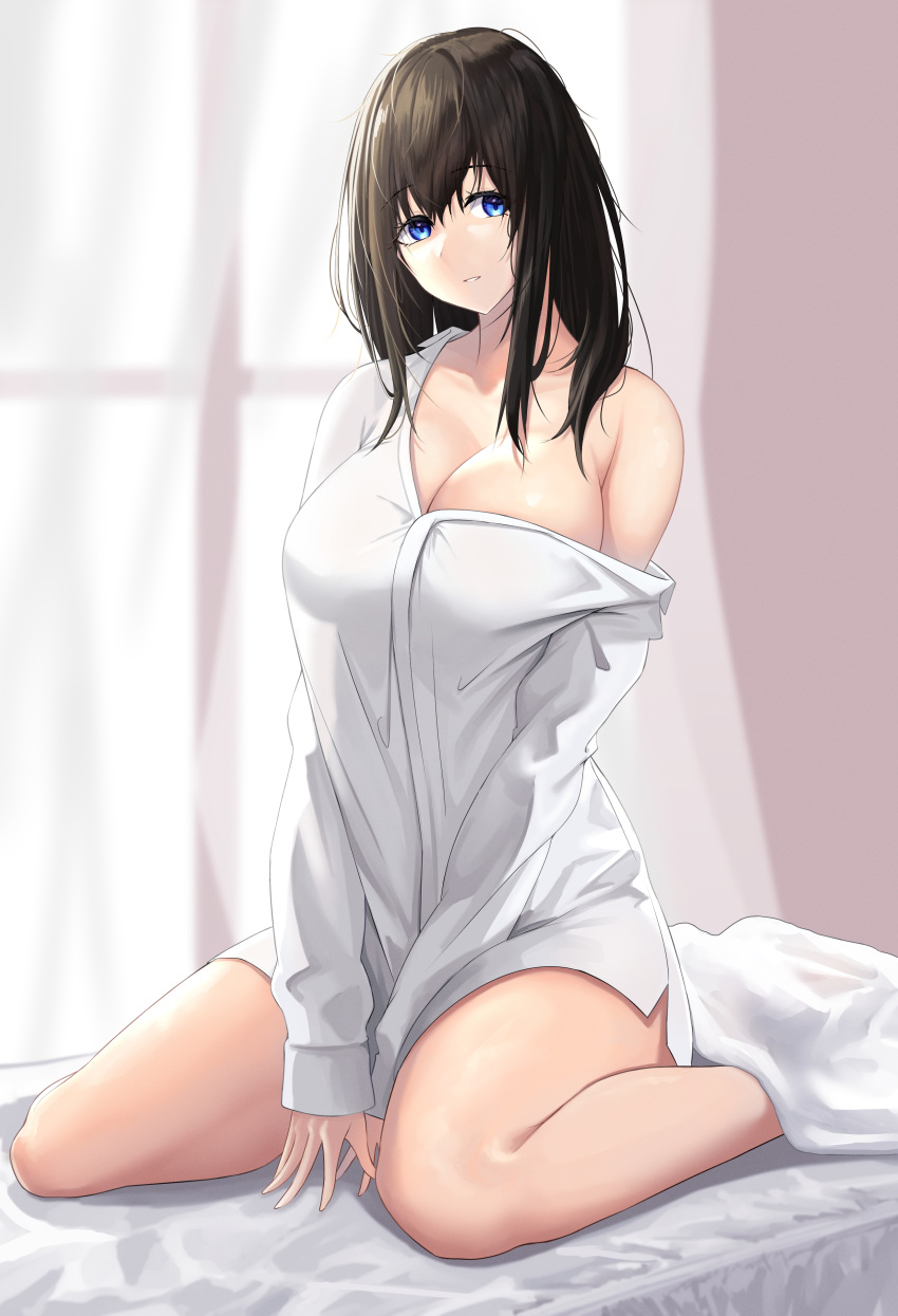 1girl absurdres alternate_costume arisugawa_ya black_hair blanket blue_eyes breasts cleavage curtains highres idolmaster idolmaster_cinderella_girls large_breasts light_smile long_hair looking_at_viewer no_pants on_bed sagisawa_fumika see-through_silhouette shirt single_bare_shoulder sitting solo straight_hair wariza white_shirt