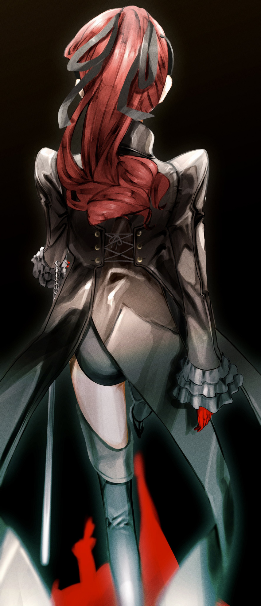 1girl absurdres ass back black_background black_jacket black_leotard colored_shadow facing_away frilled_sleeves frills from_behind gloves hair_ribbon highres jacket leotard long_hair long_sleeves persona persona_5 persona_5_the_royal ponytail red_gloves red_hair reonzeee0120 ribbon shadow solo walking walking_away yoshizawa_kasumi