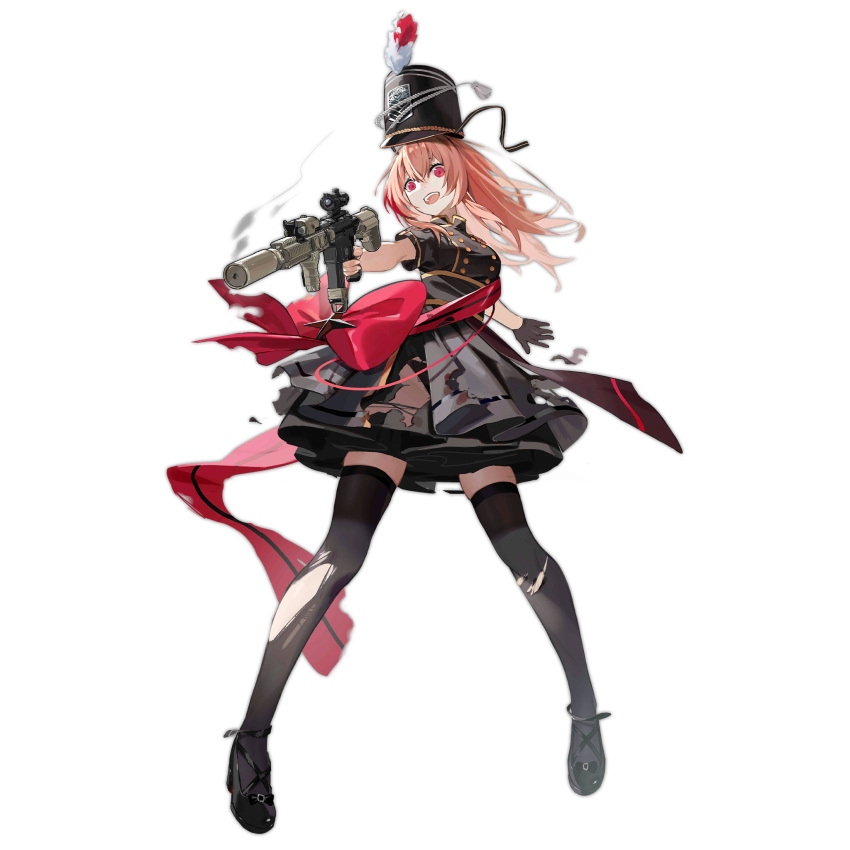 1girl black_dress black_footwear black_gloves black_panties black_thighhighs blonde_hair bow breasts dress dress_bow epaulettes floating_hair full_body girls'_frontline gloves griffin_&amp;_kryuger gun hat hat_feather high_heels highres holding holding_gun holding_weapon large_breasts legs_apart long_hair looking_at_viewer m4_sopmod_ii m4_sopmod_ii_(birdsong_in_the_woods)_(girls'_frontline) m4_sopmod_ii_(girls'_frontline) marching_band multicolored_hair nunuan official_alternate_costume official_art open_mouth panties red_bow red_eyes red_hair scope shako_cap short_sleeves simple_background single_glove smile smoke smoking_gun solo standing streaked_hair teeth thighhighs torn_clothes torn_dress torn_thighhighs transparent_background underwear upper_teeth_only weapon