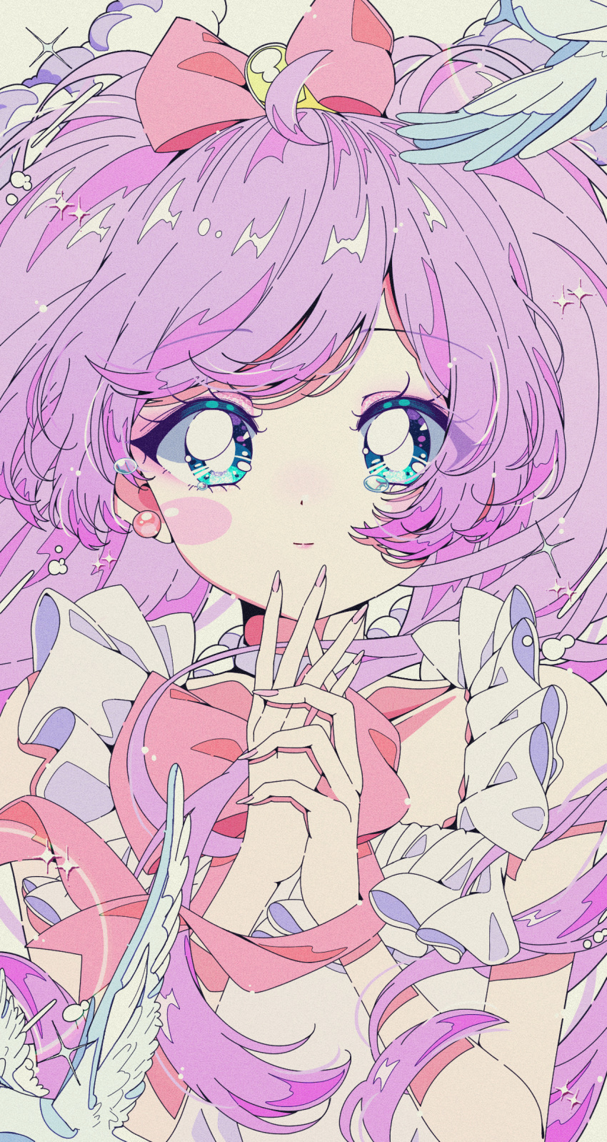 1girl ahoge bird blue_eyes bow bright_pupils closed_mouth cloud commentary_request earrings hair_bow hands_up highres jewelry light_smile ligne_claire long_hair looking_at_viewer manaka_laala milon_cas pink_lips pretty_series pripara purple_hair retro_artstyle solo sparkle straight-on tears twintails upper_body white_pupils