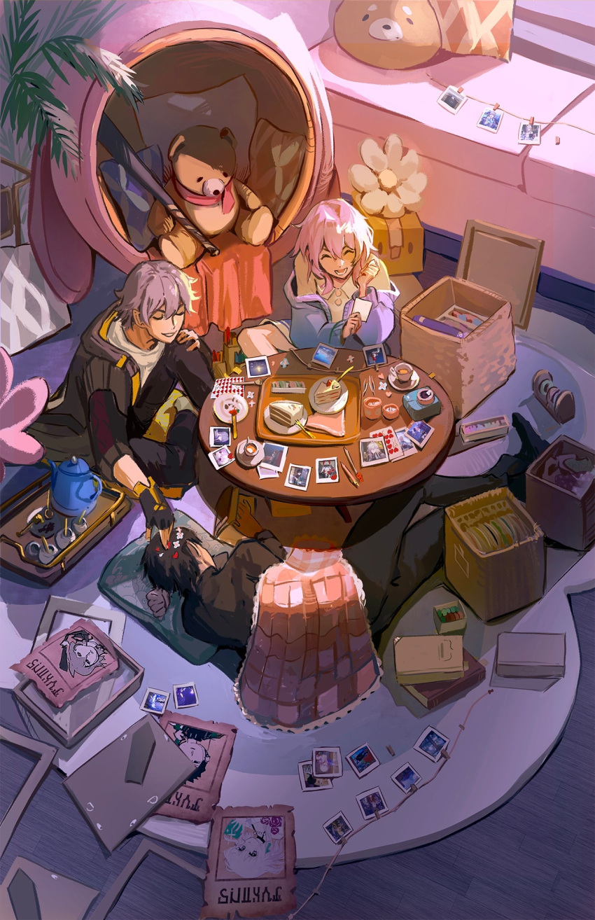 1girl 2boys ^_^ baseball_bat black_gloves black_hair black_pants black_shirt blue_jacket book box caelus_(honkai:_star_rail) cake cake_slice candle cardboard_box closed_eyes cup cushion dan_heng_(honkai:_star_rail) empty_picture_frame fern flower food fork from_above gloves grey_hair grin highres honkai:_star_rail honkai_(series) indoors jacket knee_up laughing long_sleeves march_7th_(honkai:_star_rail) multiple_boys on_floor open_book open_mouth pants photo_(object) picture_frame pillow pink_hair plant plate polaroid qrbits rug shirt short_hair sitting sleeping smile sticker stuffed_animal stuffed_toy table tea_set teacup teapot teddy_bear trailblazer_(honkai:_star_rail) tray tweezers wanted wooden_floor