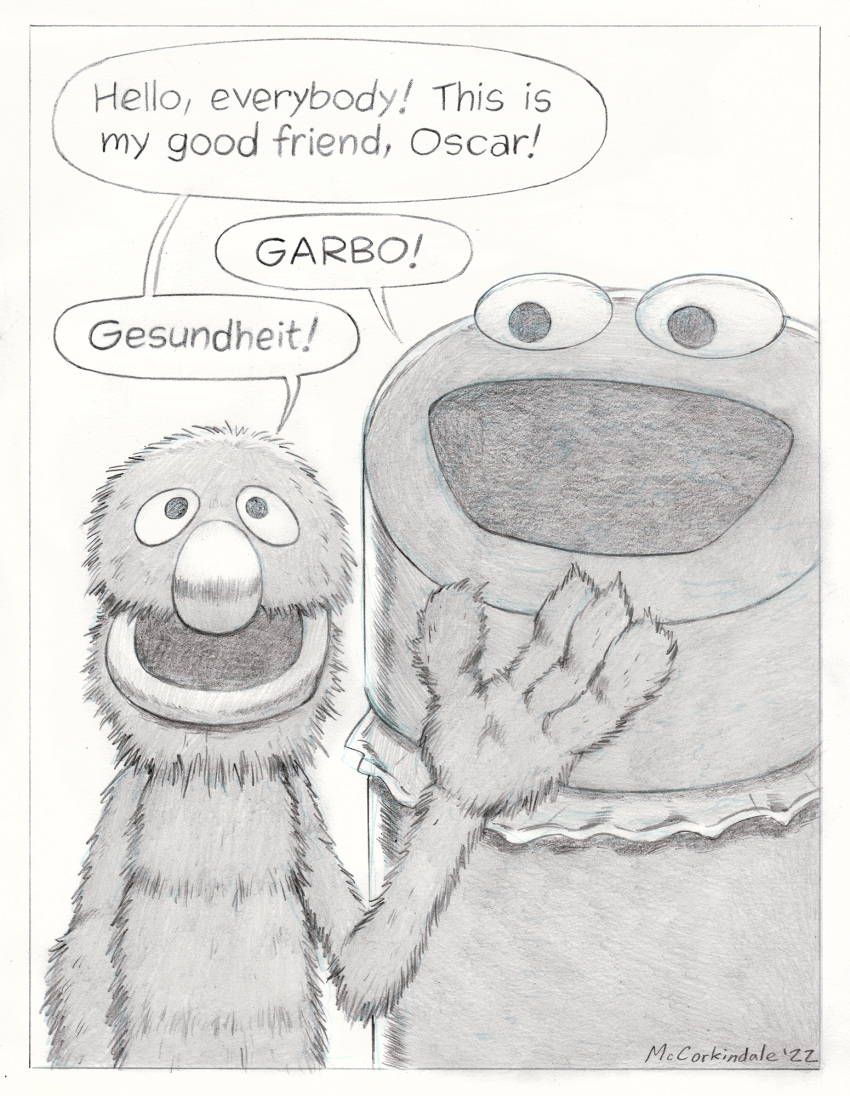 2022 4_fingers animate_inanimate anthro big_nose border bruce_mccorkindale dialogue duo english_text fingers fur gesture graphite_(artwork) grover hi_res male monster muppet muppets pencil_(artwork) sesame_street signature speech_bubble text traditional_media_(artwork) trash_can waving waving_at_viewer white_border