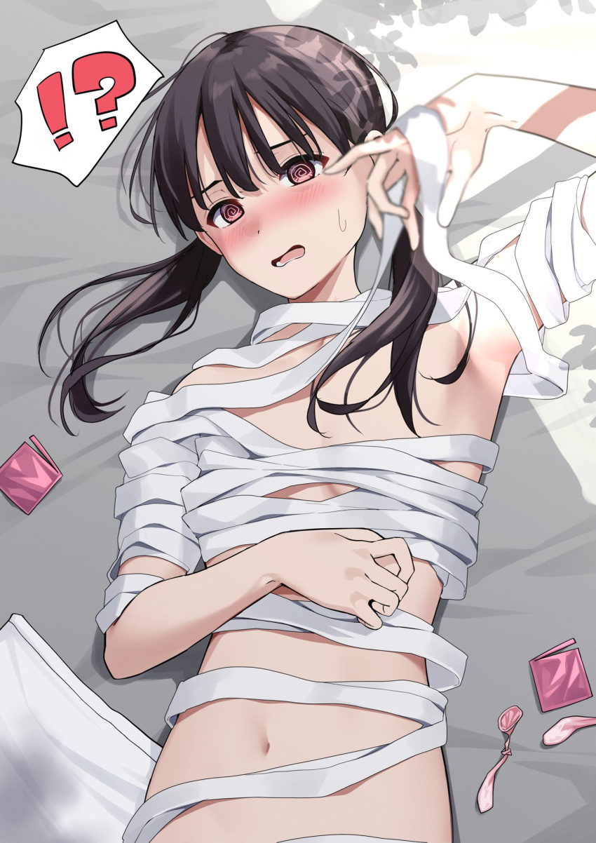 !? 1girl armpits bandages black_hair blush breasts condom condom_wrapper highres kiona_(giraffe_kiona) multiple_condoms mummy_costume naked_bandage navel open_mouth original solo stomach sunlight sweatdrop twintails used_condom