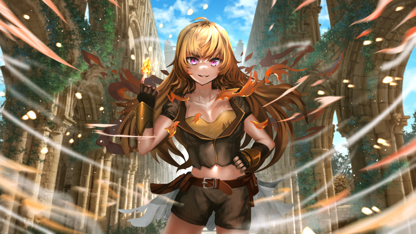 1girl absurdres advarcher ahoge blonde_hair breasts cleavage_cutout clenched_hand clothing_cutout column fingerless_gloves gloves highres huge_breasts looking_at_viewer outdoors pillar purple_eyes rwby shorts smile solo wind yang_xiao_long