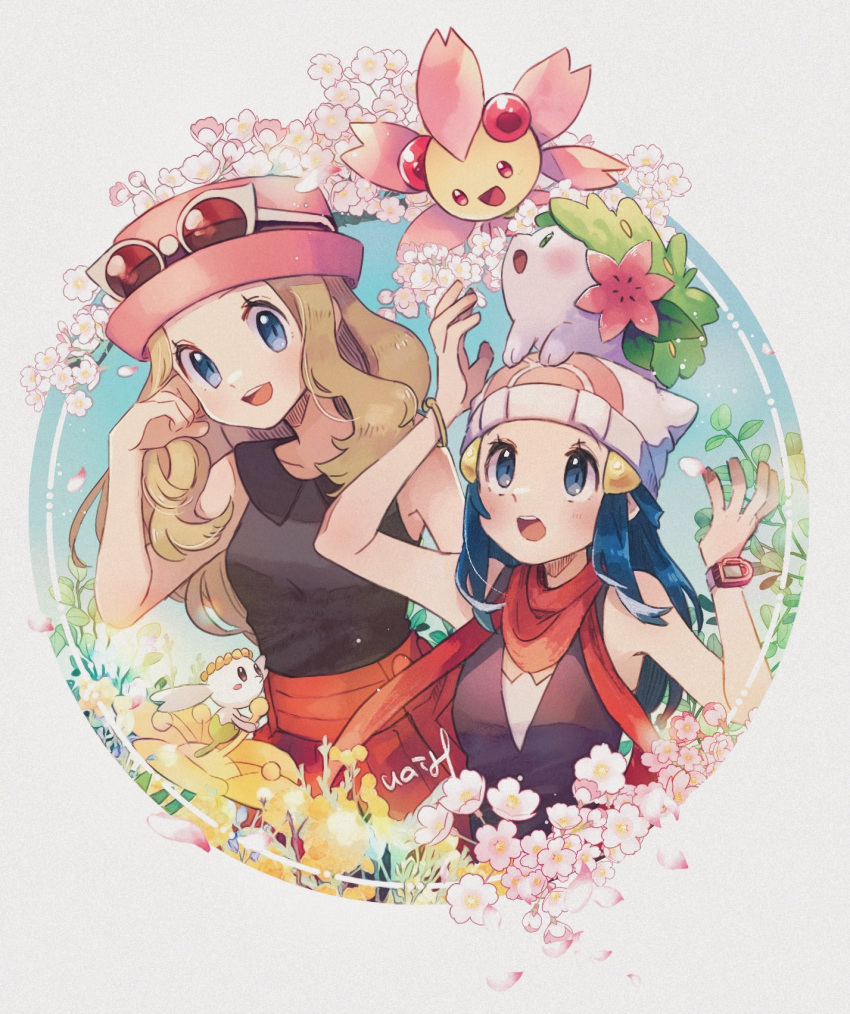 2girls :d beanie blonde_hair blue_eyes border cherrim cherrim_(sunshine) collared_shirt commentary dawn_(pokemon) eyelashes flabebe flabebe_(yellow) flower hand_up hanenbo hat highres long_hair multiple_girls open_mouth pink_headwear pokemon pokemon_(creature) pokemon_(game) pokemon_dppt pokemon_xy poketch red_scarf scarf serena_(pokemon) shaymin shaymin_(land) shirt sidelocks signature skirt sleeveless sleeveless_shirt smile sunglasses symbol-only_commentary teeth tongue upper_teeth_only watch white-framed_eyewear white_border white_headwear wristwatch