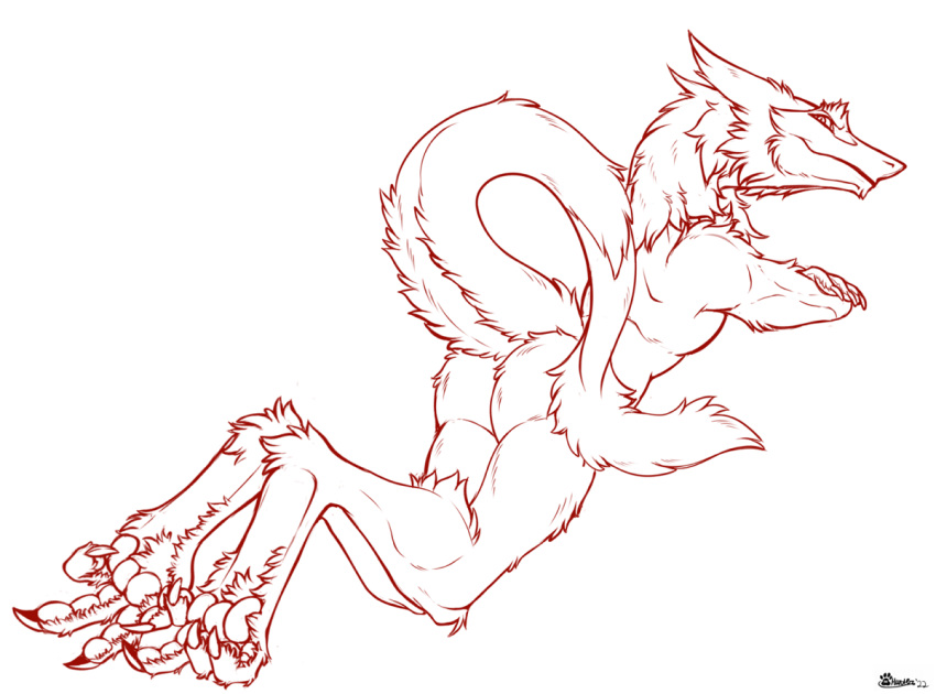 2022 anthro butt claws crossed_arms fur looking_at_viewer looking_back lying male marcushunter mouth_closed nude on_front paws raised_tail razan_(seiji_the_sergal) rear_view sergal signature smile smiling_at_viewer smirk smirking_at_viewer solo tail tail_tuft toe_claws tuft