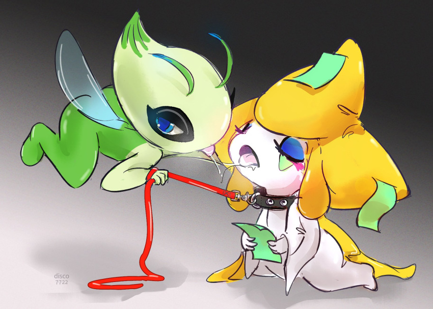 ambiguous_gender antennae_(anatomy) black_collar blue_eyes bodily_fluids celebi collar collar_only discocci duo eyes_closed eyeshadow feral floating generation_2_pokemon generation_3_pokemon gradient_background green_antennae green_body green_paper grey_background hi_res holding_object holding_paper insect_wings jirachi kneeling leash leash_pull legendary_pokemon looking_at_viewer makeup multicolored_body nintendo nude open_mouth paper pokemon pokemon_(species) red_leash saliva saliva_string shadow simple_background studded_collar text tongue tongue_out two_tone_body watermark white_body wings yellow_body