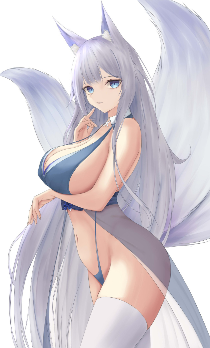 1girl adapted_costume animal_ear_fluff animal_ears arm_under_breasts azur_lane bikini blue_eyes breasts covered_nipples fox_ears grey_hair highres huge_breasts kdkaikai kitsune large_tail long_hair looking_at_viewer multiple_tails navel official_alternate_costume revealing_clothes see-through_silhouette shinano_(azur_lane) shinano_(dreams_of_the_hazy_moon)_(azur_lane) simple_background solo standing swimsuit tail thighhighs very_long_hair white_background white_thighhighs