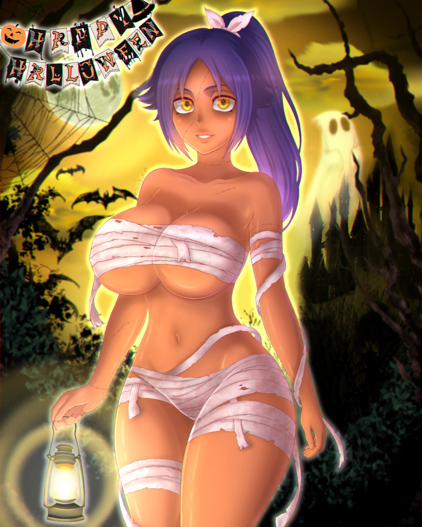 1girl absurdres bleach bleach:_the_thousand-year_blood_war breasts dark-skinned_female dark_skin halloween halloween_costume highres large_breasts long_hair looking_at_viewer non-web_source purple_hair s4mirukun shihouin_yoruichi solo thick_thighs thighs yellow_eyes zombie