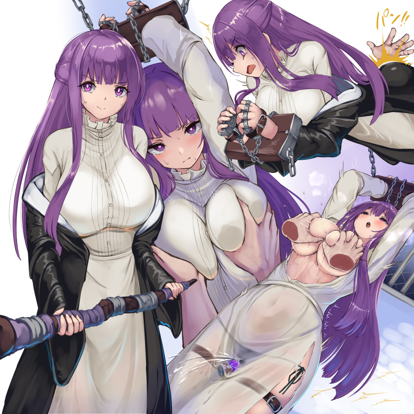 1girl ass_smack blush braided_scarf breasts cut_bangs dress expressions fern_(sousou_no_frieren) grabbing grabbing_another's_breast groping highres jacket large_breasts long_hair looking_at_viewer mage_staff monikano multiple_views navel open_clothes open_dress open_mouth panties purple_eyes purple_hair restrained see-through see-through_dress sex_toy simple_background slapping sousou_no_frieren straight_hair sweat torn_clothes trembling underwear white_dress