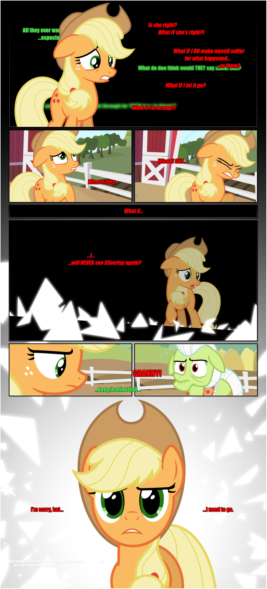 absurd_res applejack_(mlp) barn black_background black_border border bright_light building clenched_teeth clothing conflict conflicted cowboy_hat determined duo ears_down ears_up earth_pony equid equine estories eyes_closed female feral friendship_is_magic frown grandchild_(lore) granddaughter_(lore) grandmother_(lore) grandmother_and_grandchild_(lore) grandmother_and_granddaughter_(lore) grandparent_(lore) grandparent_and_grandchild_(lore) granny_smith_(mlp) hasbro hat headgear headwear hi_res hooves horse internal_dialogue looking_up mammal my_little_pony pivoted_ears plant pony raised_hoof simple_background sweet_apple_acres teeth tree what_if